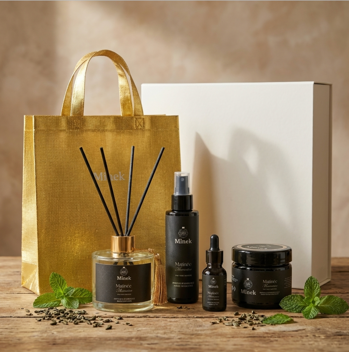 Coffret Signature Mix & Match Mïnek – 4 formats personnalisables, parfums d'ambiance marocains, idéal cadeau