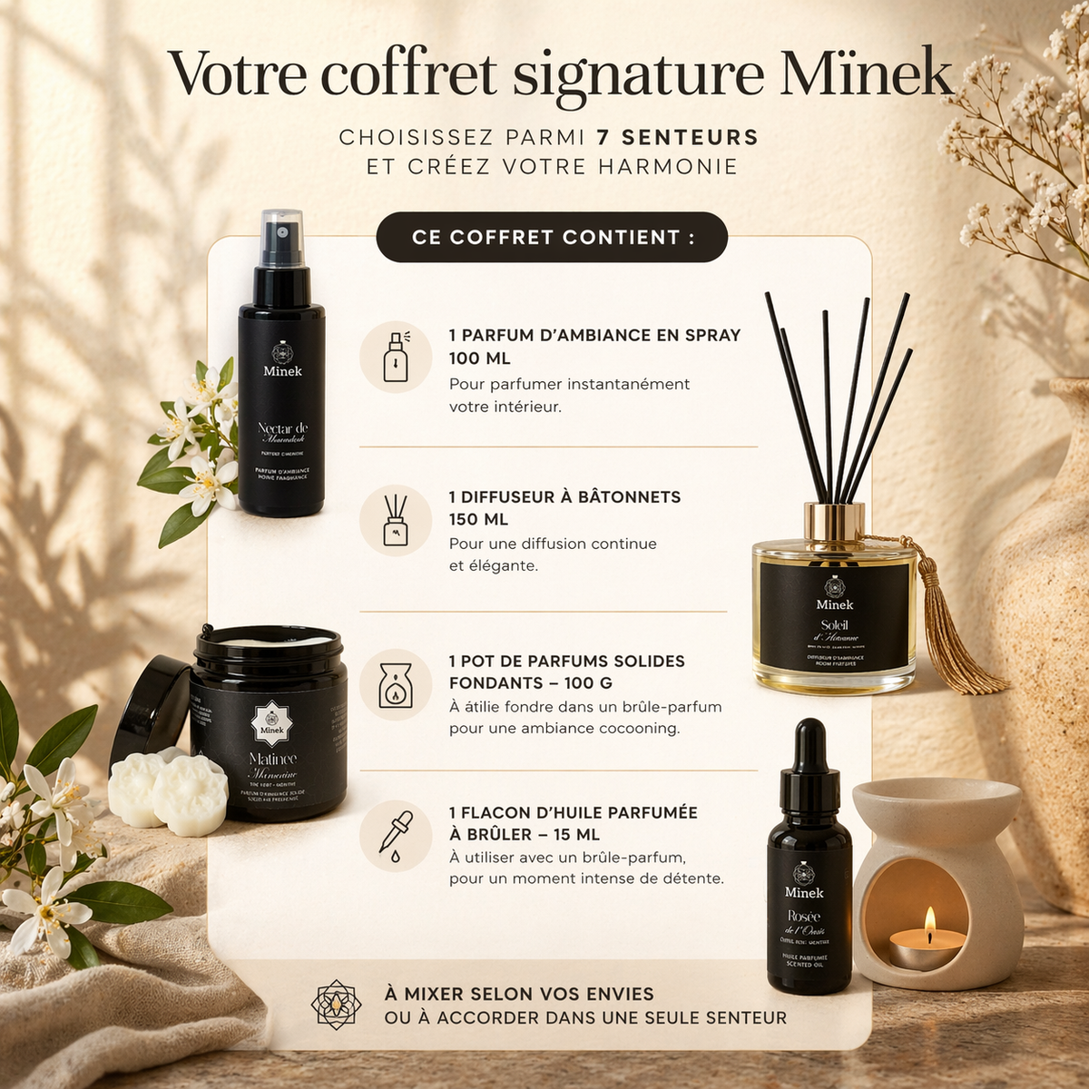 Coffret Mïnek ouvert – diffuseur bâtonnets, spray, fondant et huile parfumée